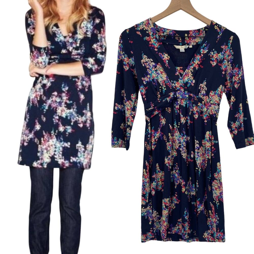 Boden Mini Dress Tunic Empire Waist V Neck Colorful Abstract Floral Print Blue 6